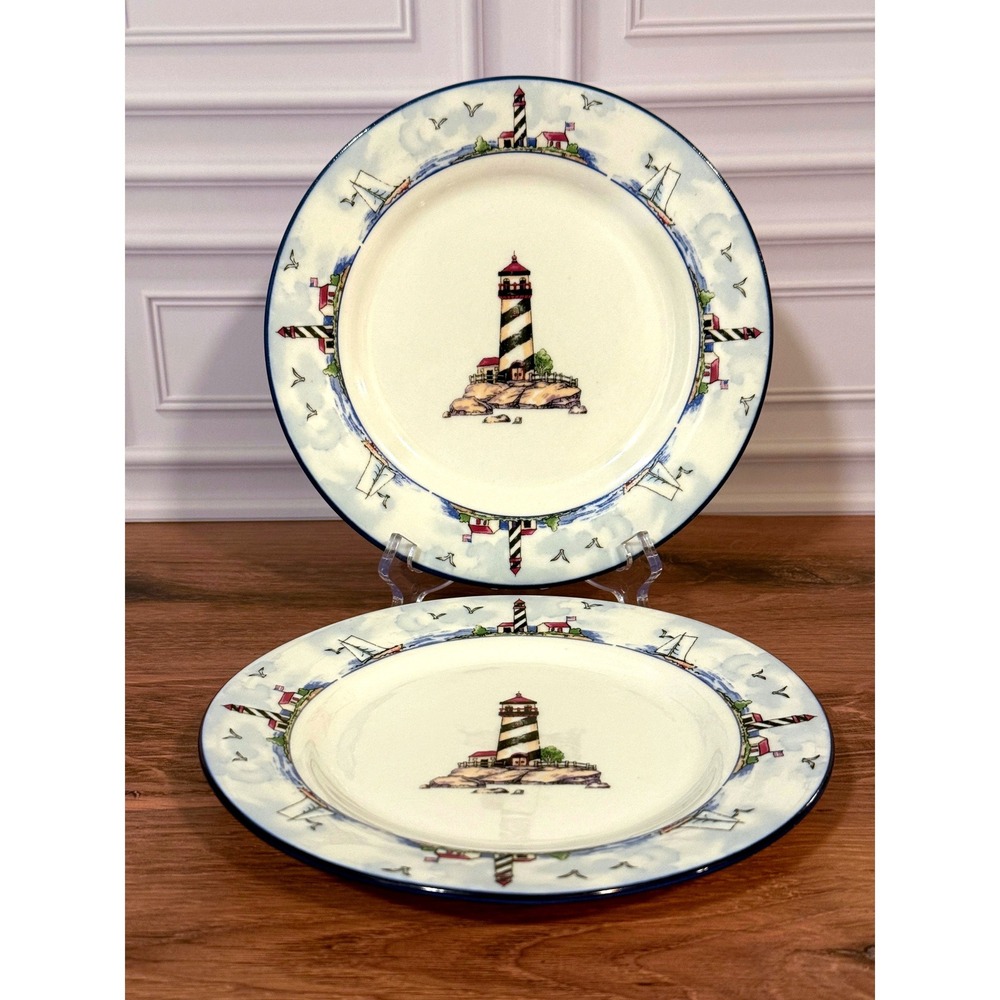 VTG PAIR (2) Coastal Lighthouse 8" Salad Plates MSY11 by Mainstays 10 Nautical